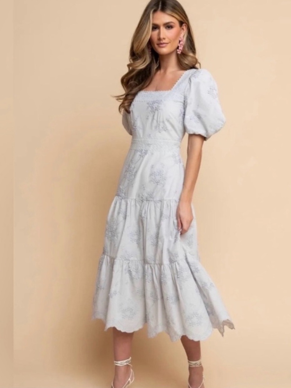 Rachel Parcell Pale Blue Puff-Sleeve Tiered Midi Dress